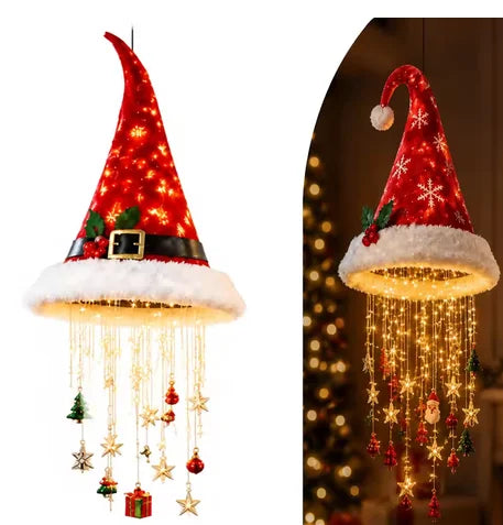 Luz de Natal LED em Forma de Chapéu de Papai Noel, Luzes de Cordão Brilhantes e Quentes, Decoração de Natal para Casa, Escada e Festa.