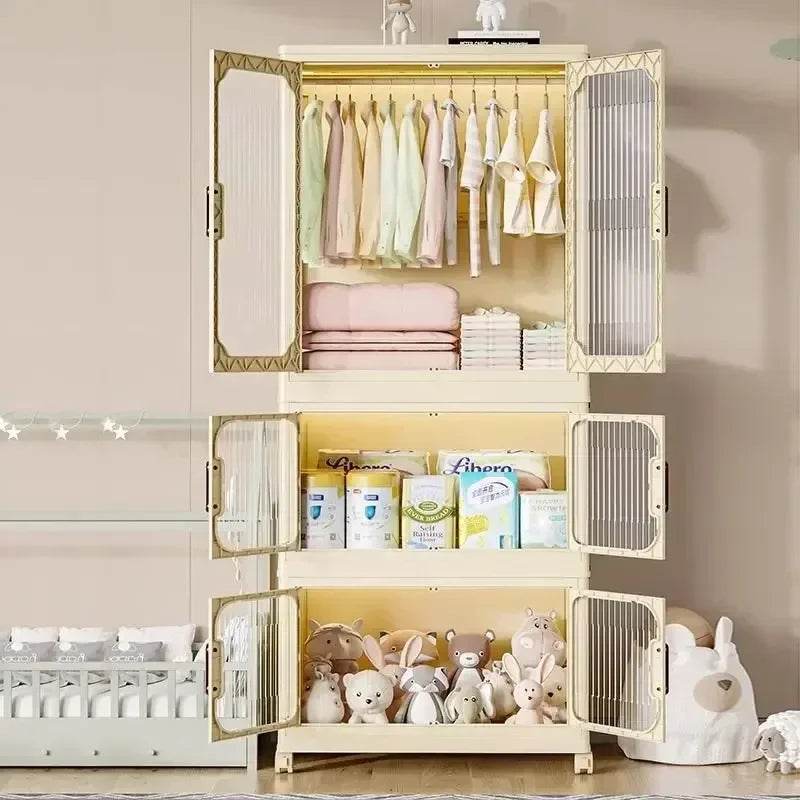 -Armário de armazenamento dobrável multicamadas com rodas, porta dupla, guarda-roupa, transparente, grande capacidade, organizador, prateleira
