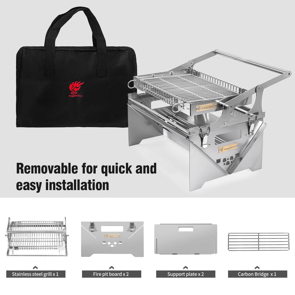 Flip Grill 360 °   Churrasqueira Rotativa, Grelha Manual com Sistema de Empurrar e Puxar para Grelhar com Carvão, Ideal para Acampamentos e Piqueniques ao Ar Livre