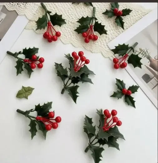 Guirlanda de Natal com Azevinho Artificial, Bagas Vermelhas, Folhas Verdes, Enfeites para Árvore de Natal, Guirlanda, Buquês DIY