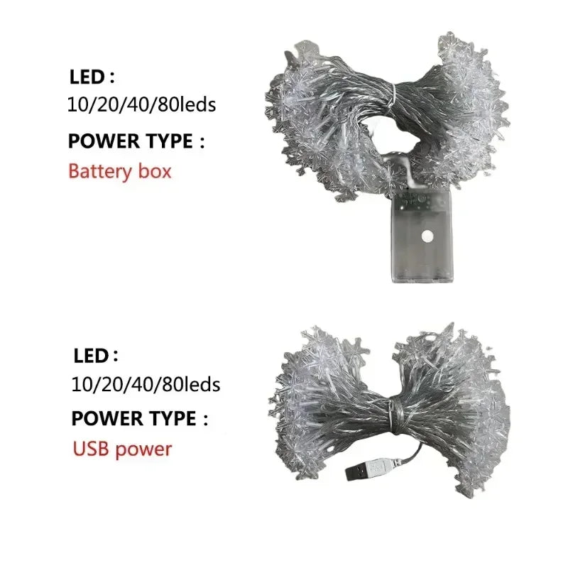 10/20/40leds natal luz de fadas corda usb/bateria alimentado árvore de natal feriado decoração de ano novo floco de neve luz corda