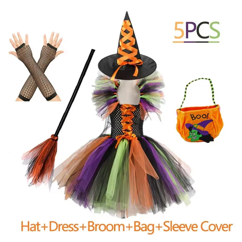 Fantasia de Bruxa para Meninas, Vestido de Tule em 3 Cores com Chapéu Pontudo, Fantasia de Carnaval para Crianças