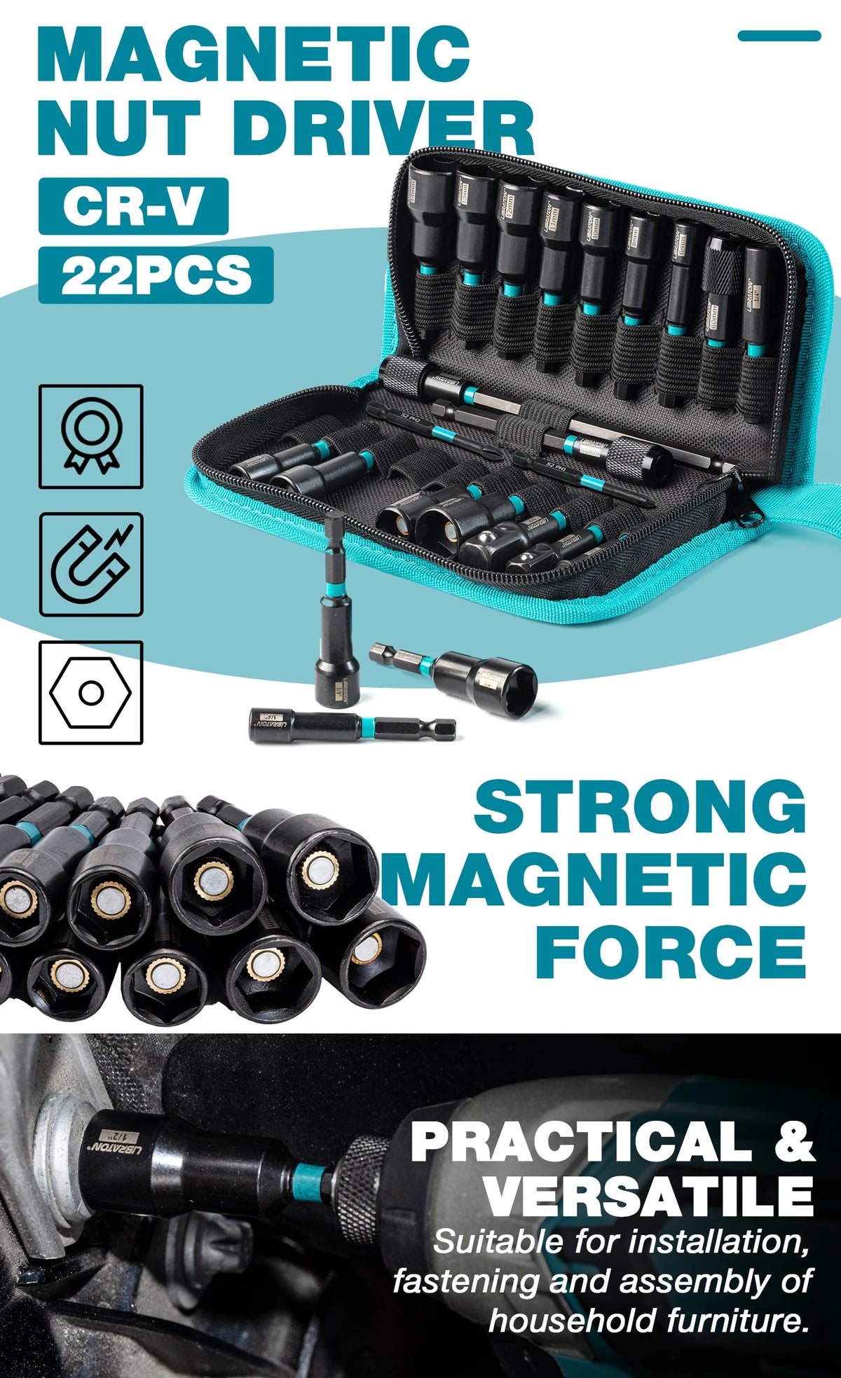 Libraton 23 pçs conjunto de driver de porca magnética conjunto de broca de impacto métrico sae porca driver impacto soquete adaptadores bit titular