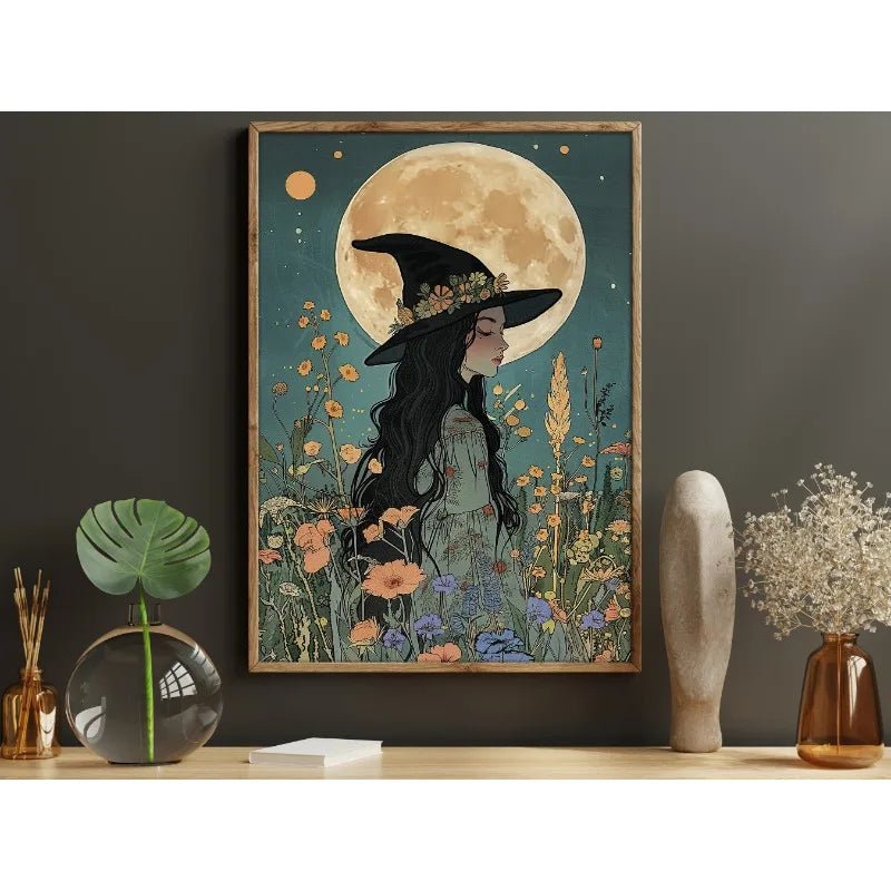 Pôster de Decoração de Parede de Halloween: Bruxa Sombria no Bosque com Flores - Impressão em Tela Sem Moldura para Decoração Festiva de Casa - Kasa & Pet