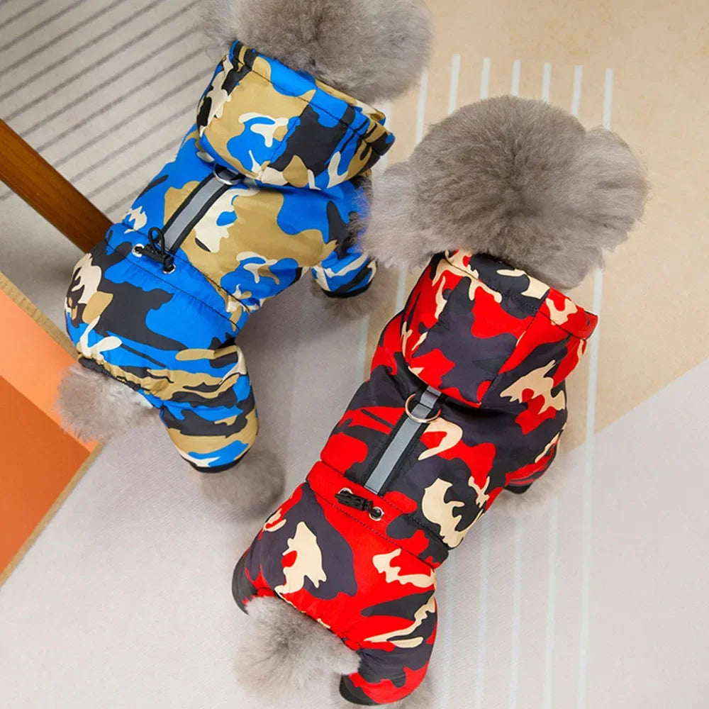 Casaco de cachorro quente espessado, 4 pernas, camuflagem, roupas para Yorkies malteses, snowsuit, cães pequenos, casacos de gato, buldogue Onesies, inverno
