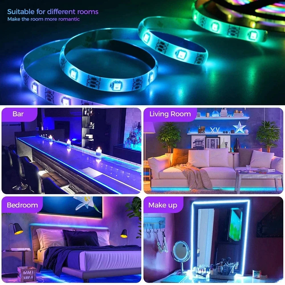Fita LED RGB 5050 Colorida com Bluetooth para Decoração de Ambientes, 10m 15m 20m 30m, Iluminação LED Neon para PC e TV, Fita LED