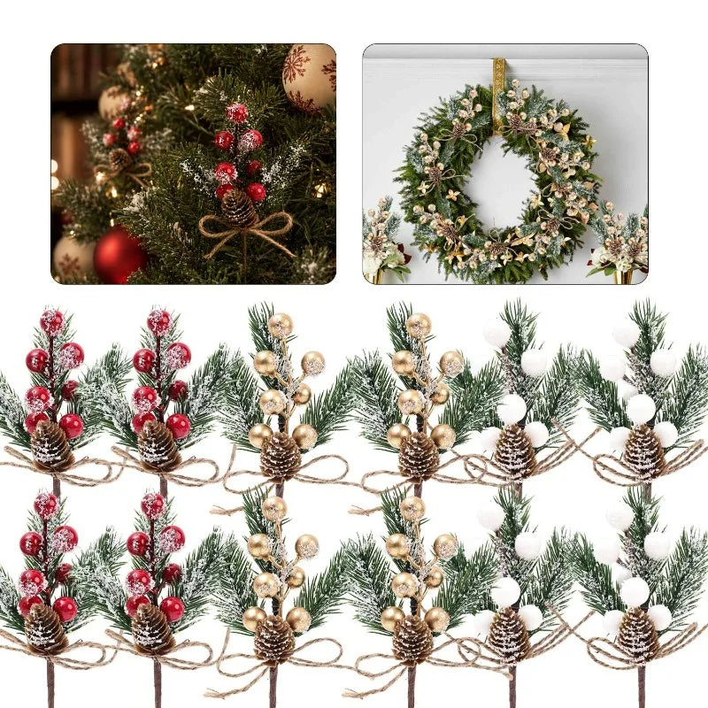 Galhos Artificiais de Frutas Vermelhas e Pinhas para Guirlandas de Natal, Enfeites para Árvore de Natal, Ramos de Pinheiro Perene