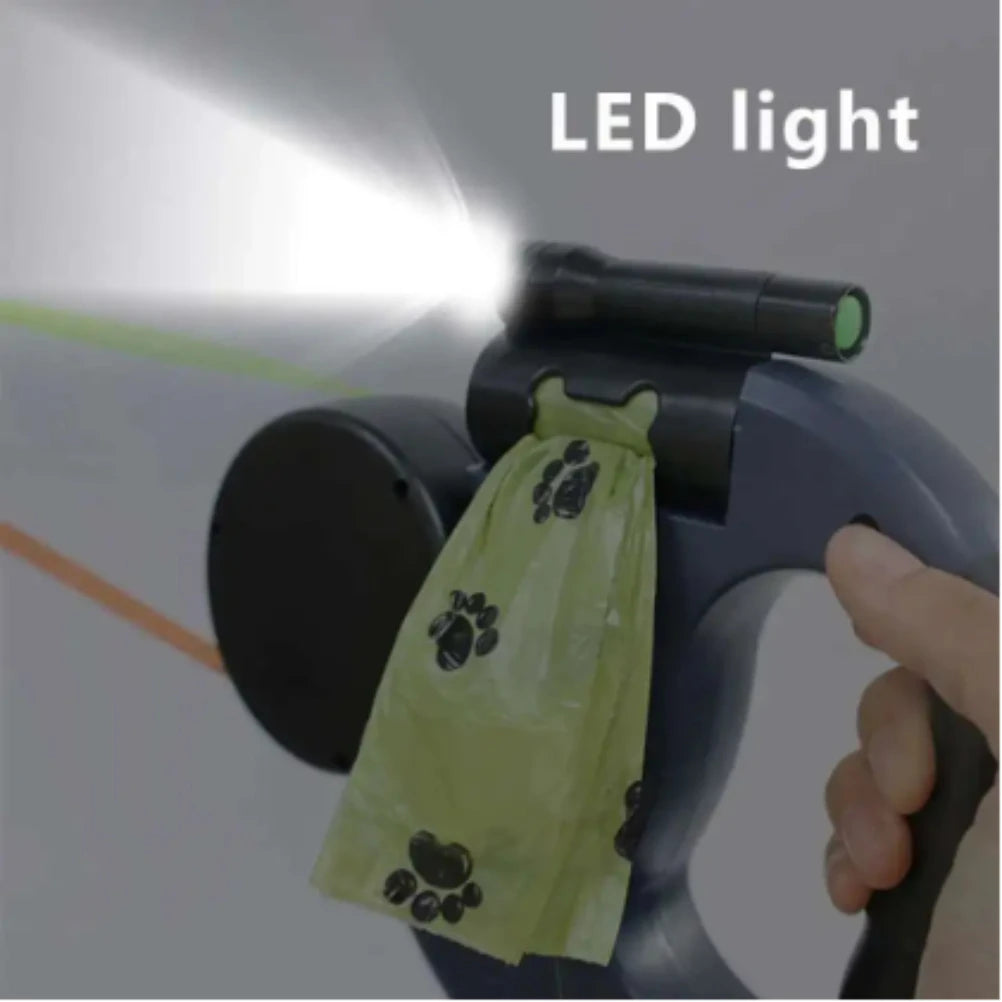 Trela retrátil automática para cães, 3m, com lanterna led, saco de resíduos, roleta, corda de tração dupla de 360 graus, suprimentos para animais de estimação