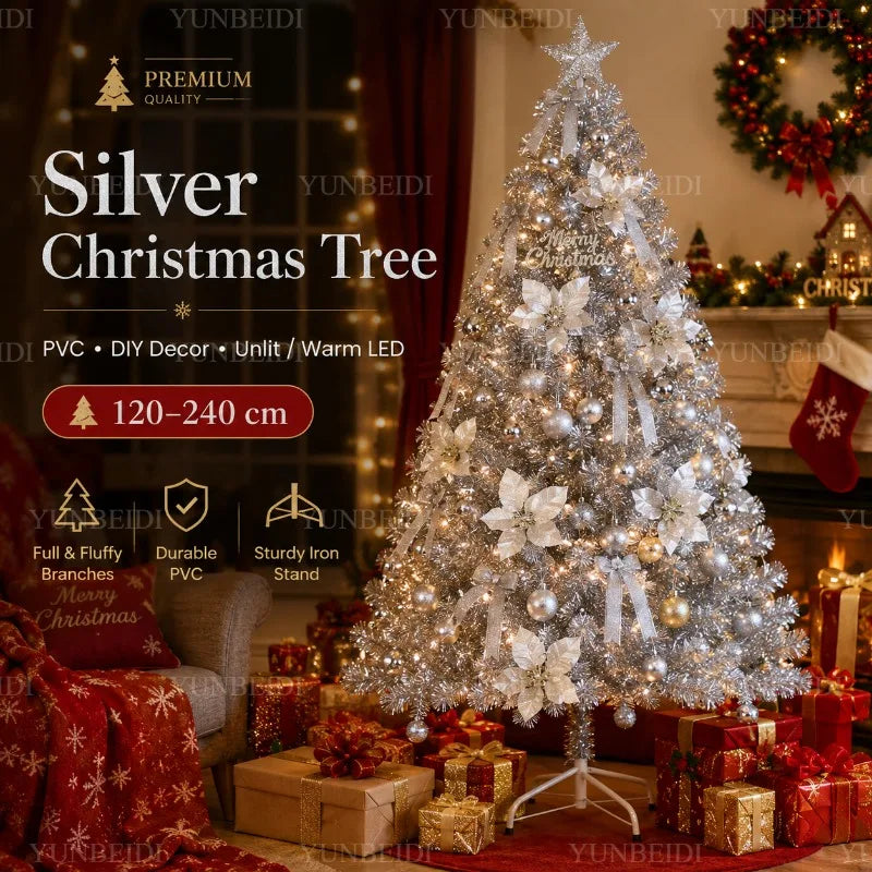 Árvore de Natal Artificial Prateada em PVC 120-240cm de Alta Qualidade com Luzes LED Quentes, Decoração para Festa de Natal em Casa