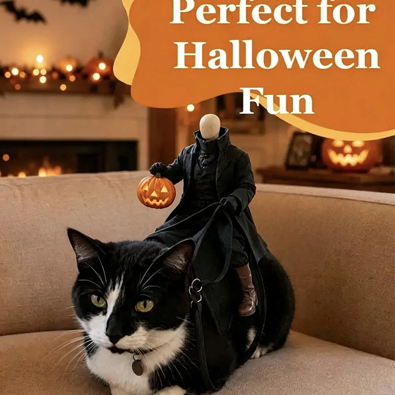 Fantasia de Gato Cavaleiro Sem Cabeça para Festa de Halloween, Ilusão 3D Assustadora de Cavalo, Fantasias de Cavaleiro Sem Cabeça para Animais de Estimação, Cosplay de Cavaleiro das Trevas