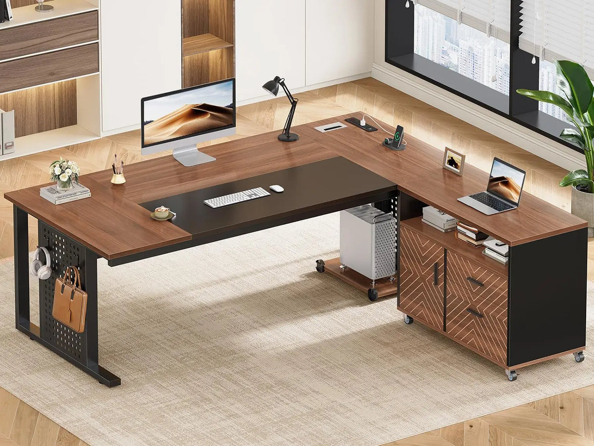 Mesa Executiva de 71 polegadas com Armário Arquivador com Rodas, Mesa de Escritório Grande com Gavetas, Mesa de Computador em L com Tomada, Personalizável