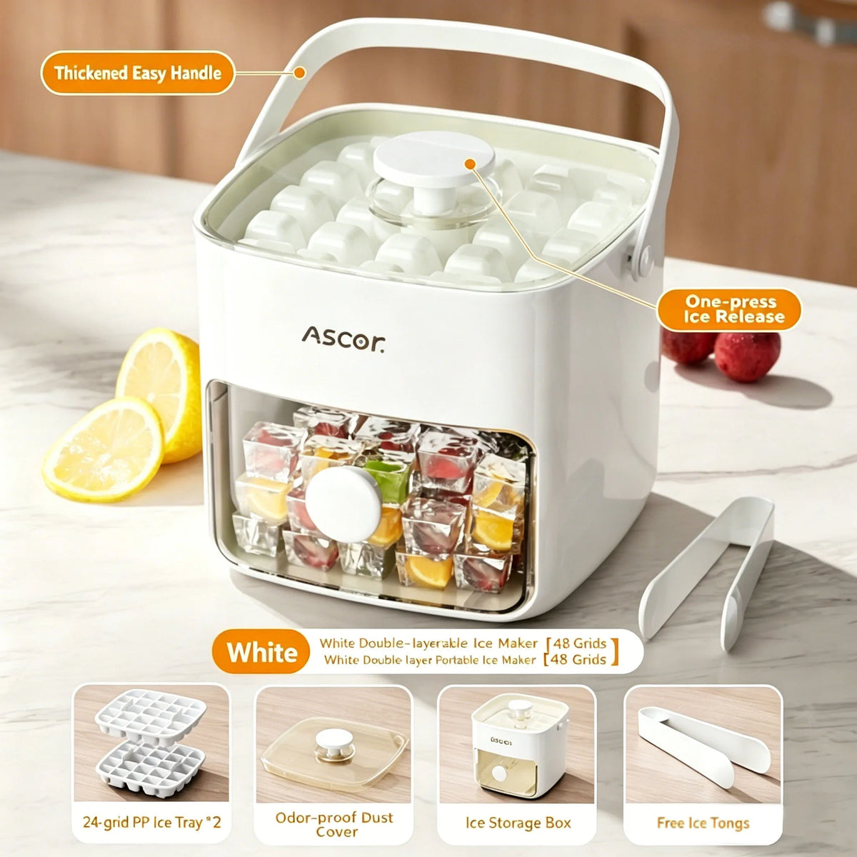 Forma de Gelo de Camada Dupla com Prensa para Cubos e Bolas de Gelo, Bandeja de Gelo com Caixa de Armazenamento, para Geladeira, DIY Caseiro para Cozinha Doméstica