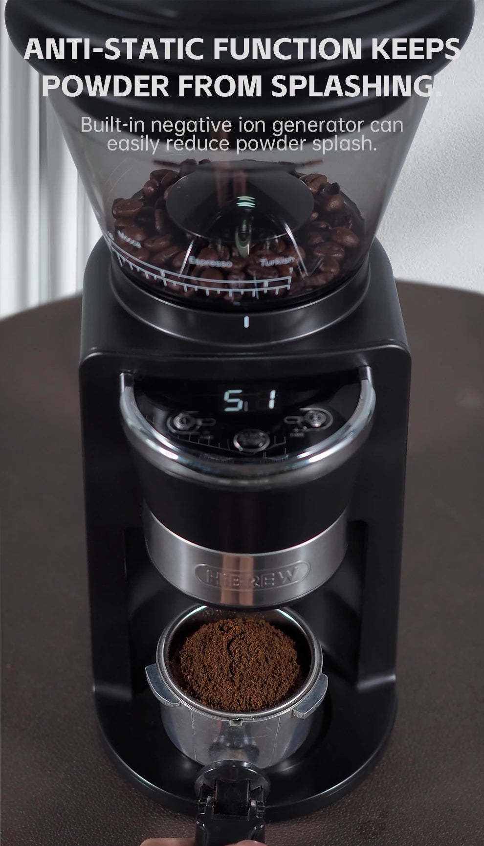 Hibrew moinho de rebarbas automático moedor de café elétrico com 34 engrenagens para café expresso americano despeje sobre armazenamento visual de feijão g3