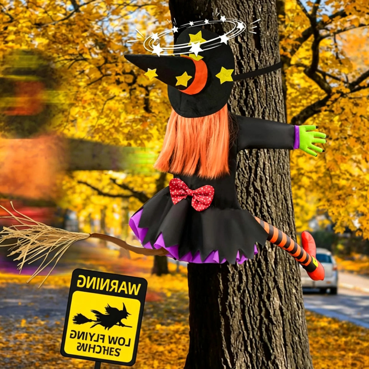 Decoração de Boneca de Bruxa de Halloween Colidindo com a Árvore, Engraçada para Jardim e Quintal, Suprimentos para Decoração de Cena de Festa de Halloween