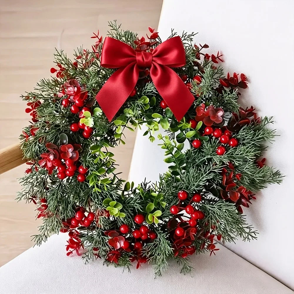 Guirlanda de Natal com Laço e Frutas Vermelhas, Incluindo Cranberries e Holly, para Decoração Interna e Externa