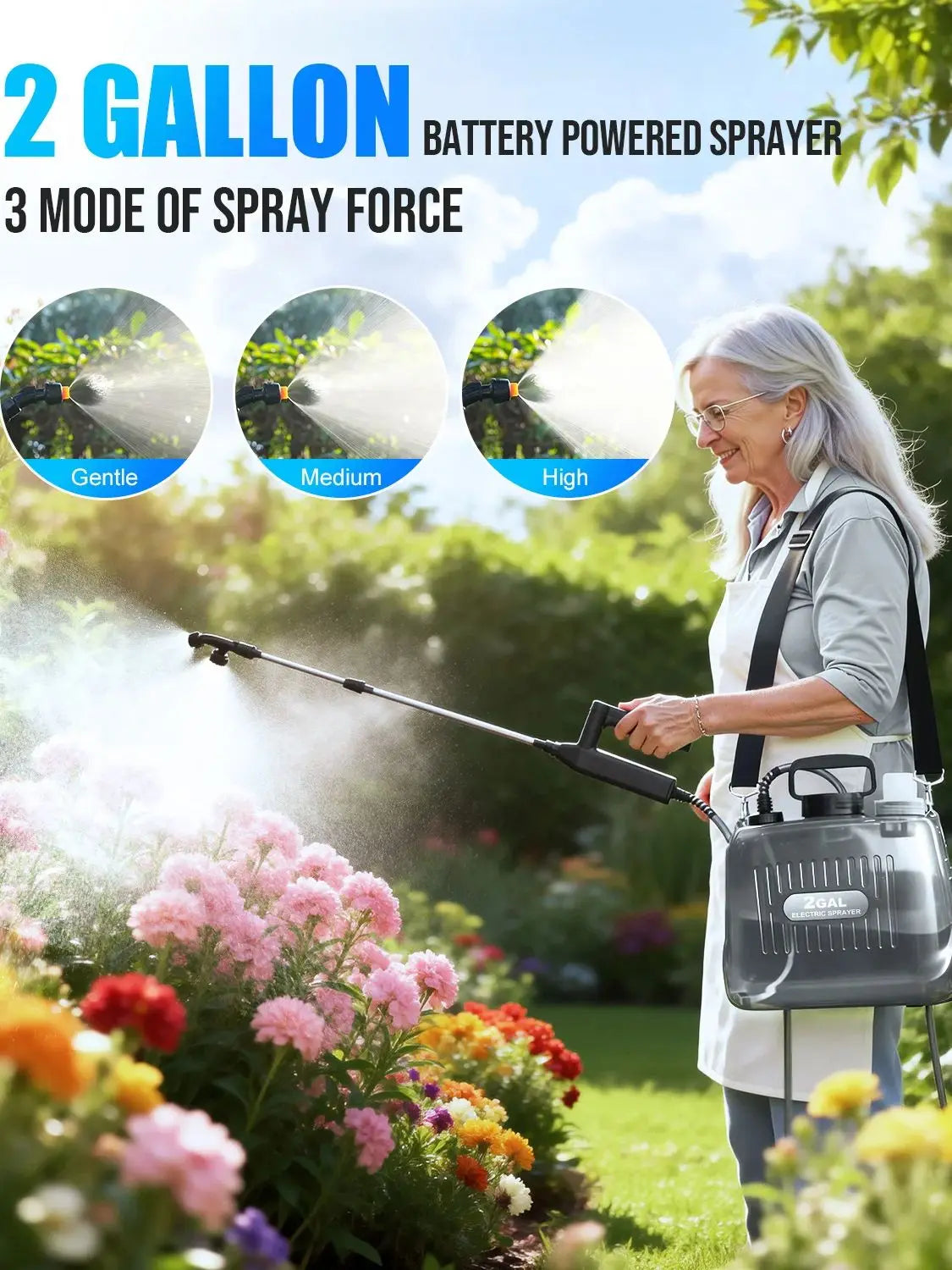 Pulverizador Elétrico de 2 Galões com Bateria, Pulverizador de Jardim com 3 Níveis de Pressão Ajustáveis, 4 Bicos e Bastão Extensível