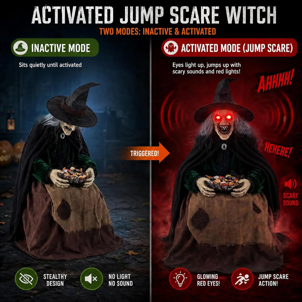 Decorações de Bruxa Animadas para Halloween com Som e Movimento, Olhos Brilhantes, Decoração Assustadora para Varanda e Jardim