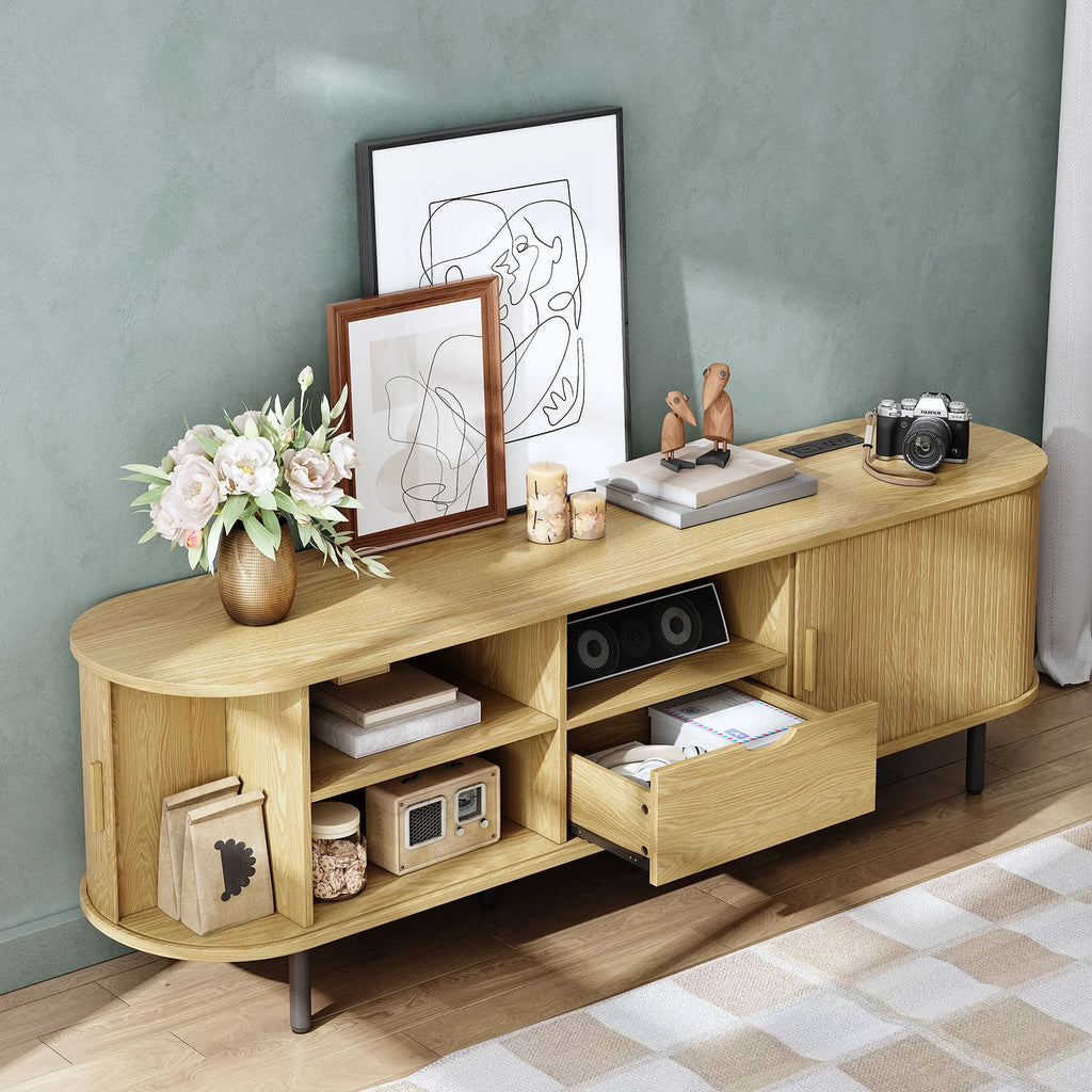 Suporte de TV de 69" com tomada de energia para TVs de até 80", centro de entretenimento com armazenamento e gaveta, console de TV com prateleiras ajustáveis