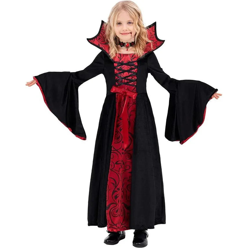 Vestido clássico de bruxa preta para meninas, fantasia de halloween com chapéu pontudo e acessórios de vassoura, fantasia de bruxa elegante para meninas