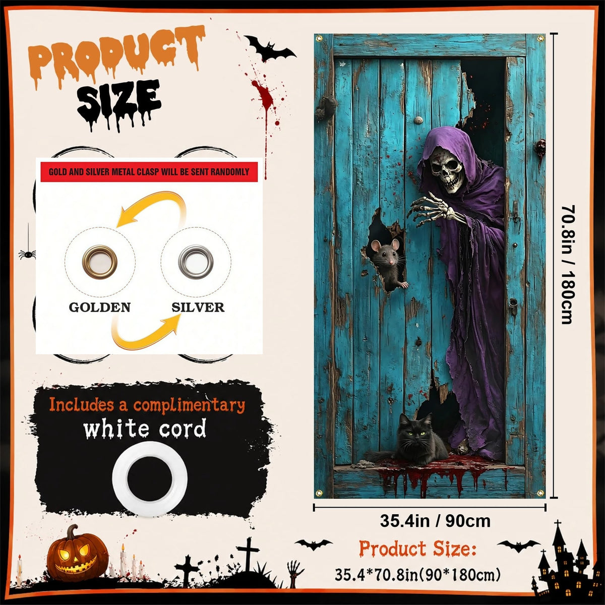 Capa de Porta de Halloween: Cenário Assustador de Esqueleto Ceifador para Decoração de Entrada de Casa Assombrada, Suprimentos para Banner de Festa Temática de Terror