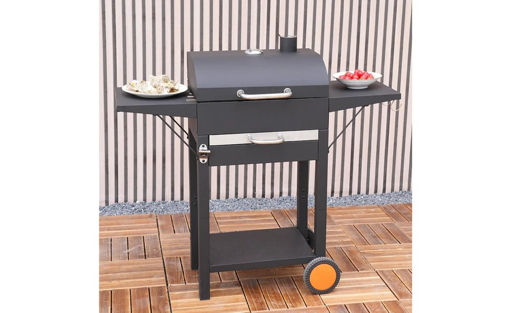 Churrasqueira a Carvão com Rodas e Tampa em Cúpula, Design de Carrinho, para Cozinha Externa, com Chaminé de Ventilação Superior e Controle de Temperatura