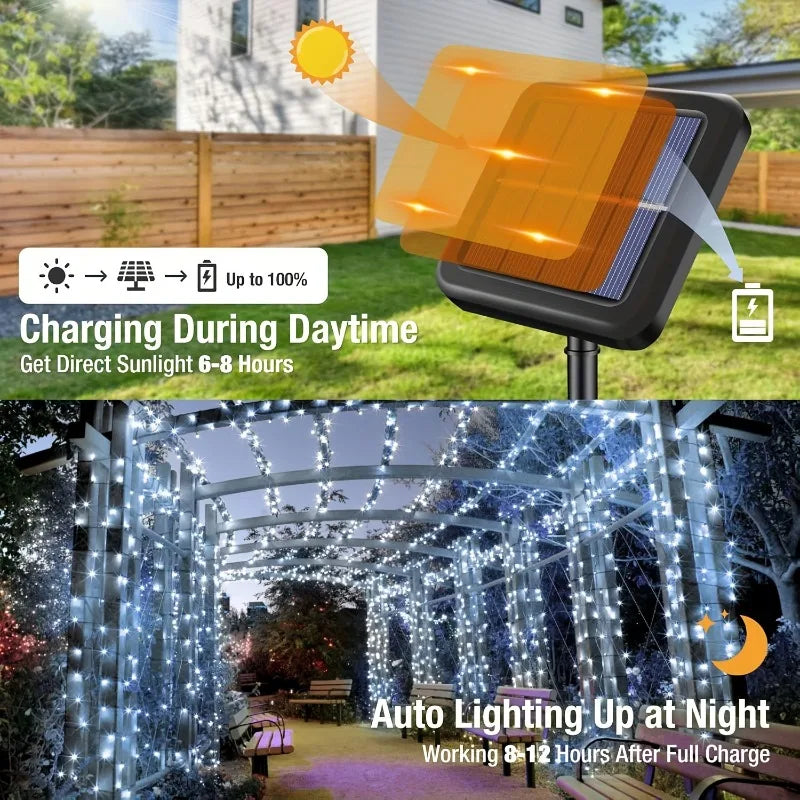 Luzes de Cordão LED Alimentadas por Energia Solar com 8 Modos de Piscar Diferentes, Ideais para Decorar Jardins, Casamentos, Halloween e Natal
