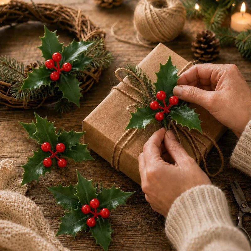 Guirlanda de Natal com Azevinho Artificial, Bagas Vermelhas, Folhas Verdes, Enfeites para Árvore de Natal, Guirlanda, Buquês DIY