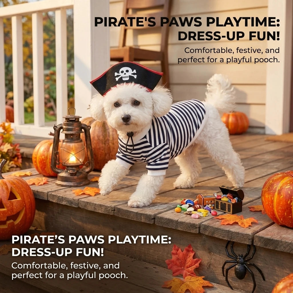 Conjunto de Fantasia de Pirata para Animais de Estimação com Chapéu de Caveira, Camiseta Listrada Preta e Branca para Cães e Gatos, Roupa de Cosplay Assustadora para Festas