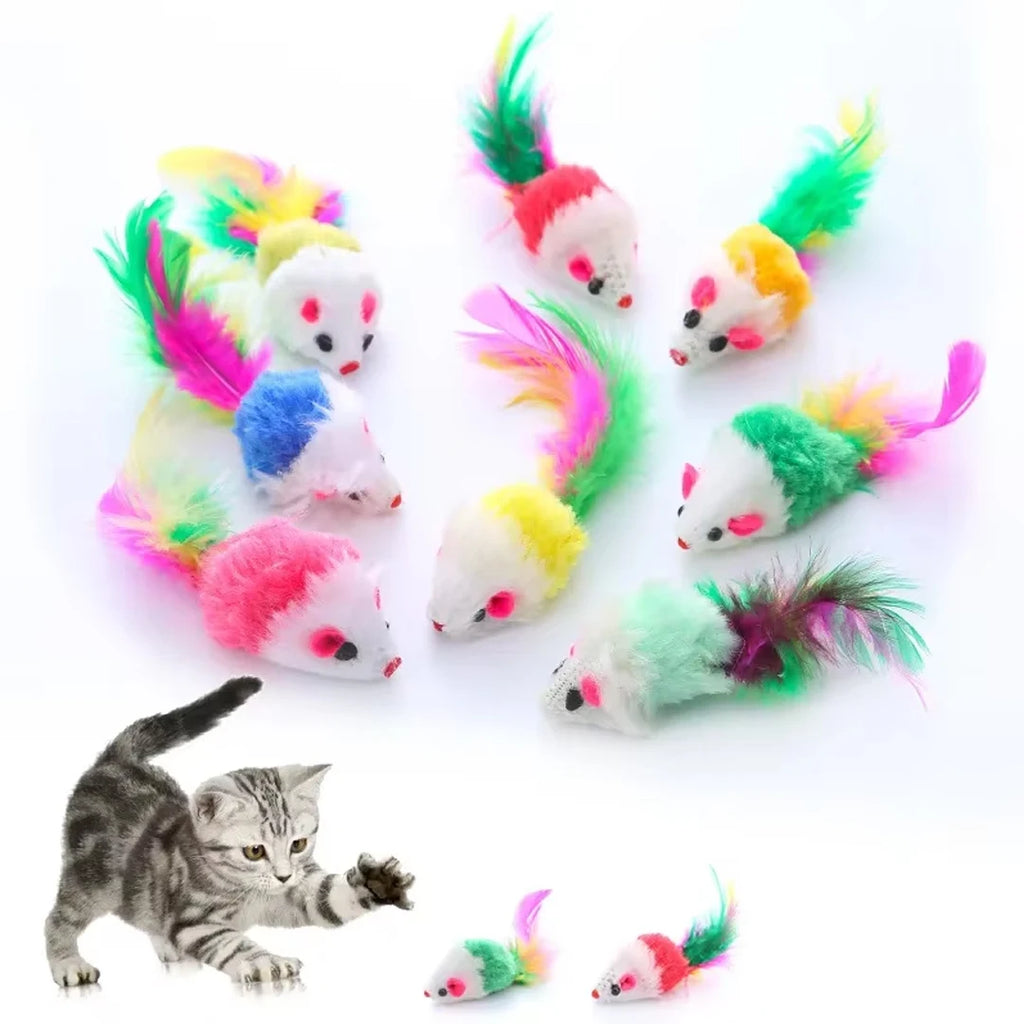 Brinquedos interativos para gatos, mouse falso de lã macia e fofa, pena colorida, brinquedo de treinamento engraçado para gatos, gatinho, suprimentos