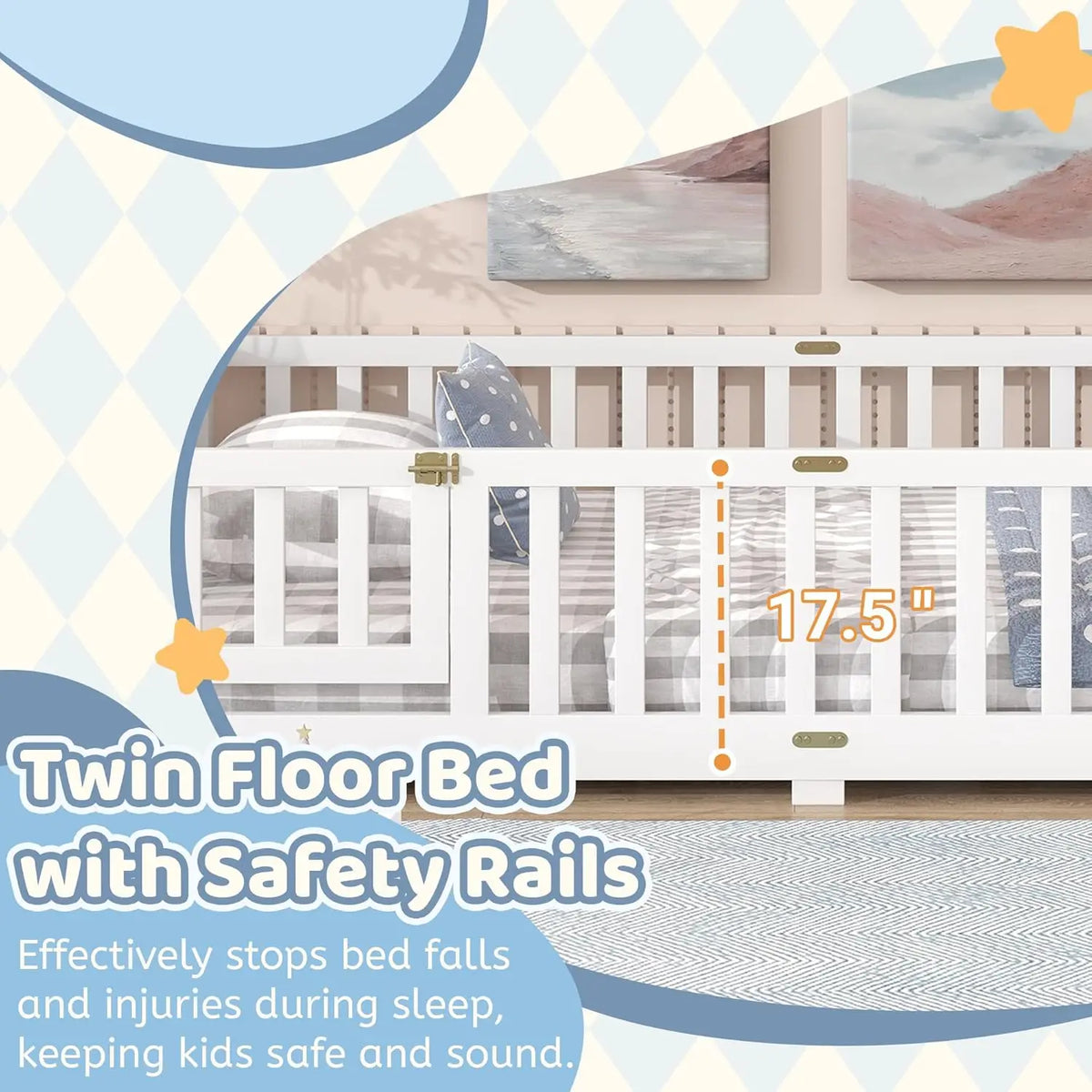 Cama de chão de tamanho duplo com ripas e porta, estrutura de cama de chão Montessori com trilhos altos, camas infantis de madeira dupla com cerca, sem caixa de mola