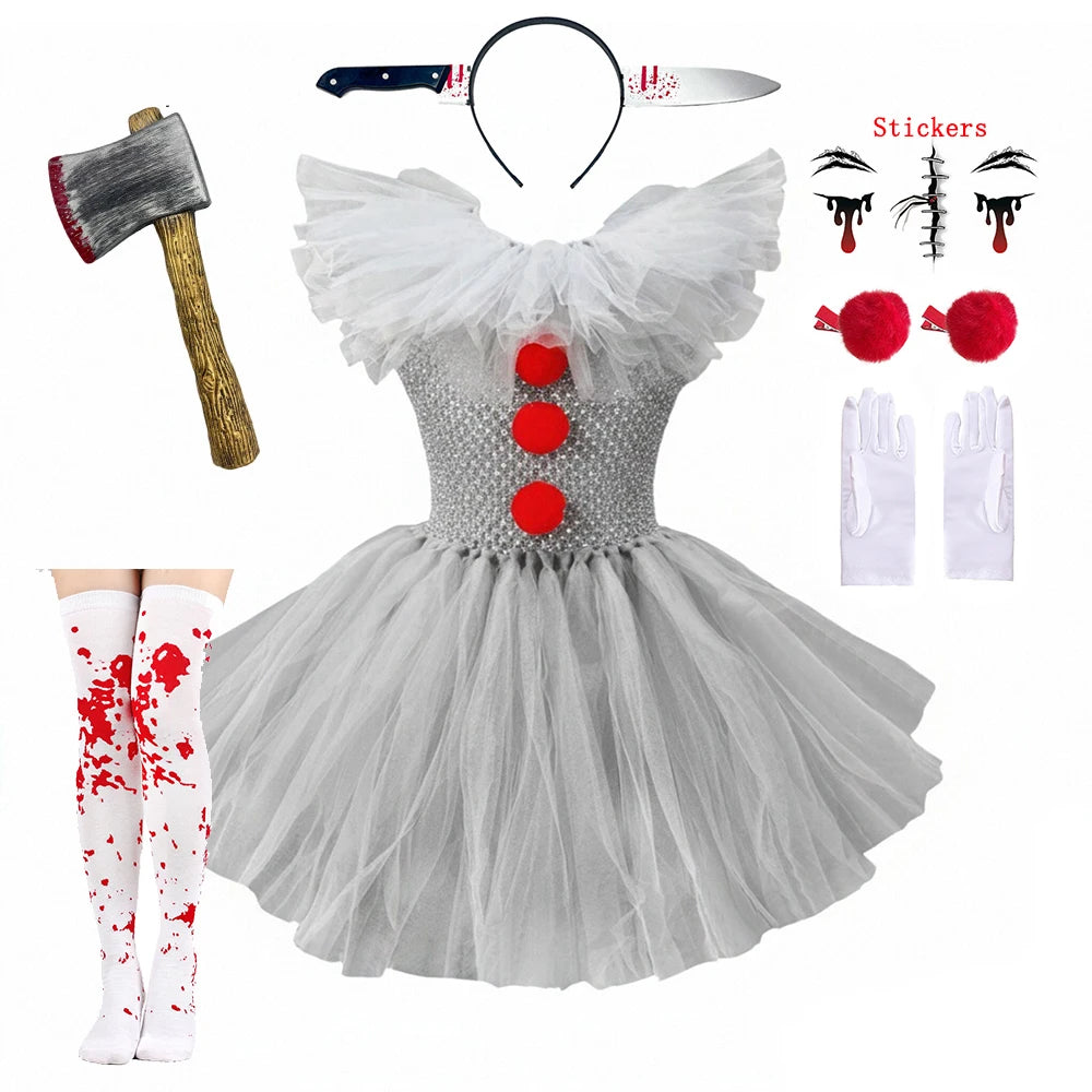 Fantasia de Palhaço Assustador para Meninas, Vestido Tutu de Tule Cinza, Roupa de Cosplay para Halloween, Carnaval dos Mortos e Festas de Palco