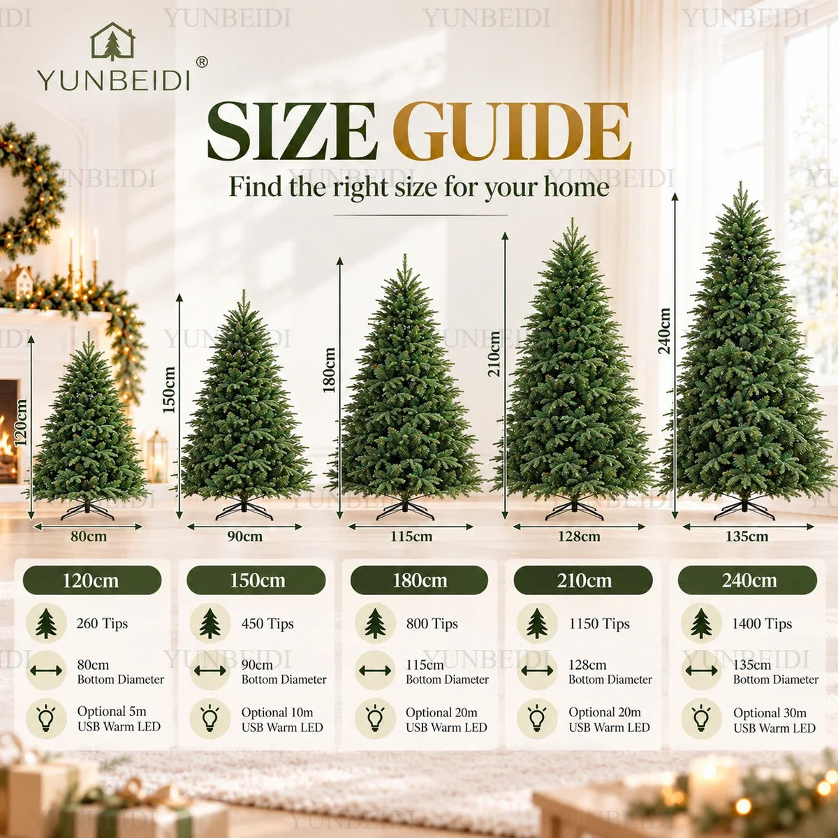 Árvore de Natal artificial em PE e PVC, com luzes LED USB e luzes quentes, árvore de Natal de alta qualidade, de 120 cm a 210 cm