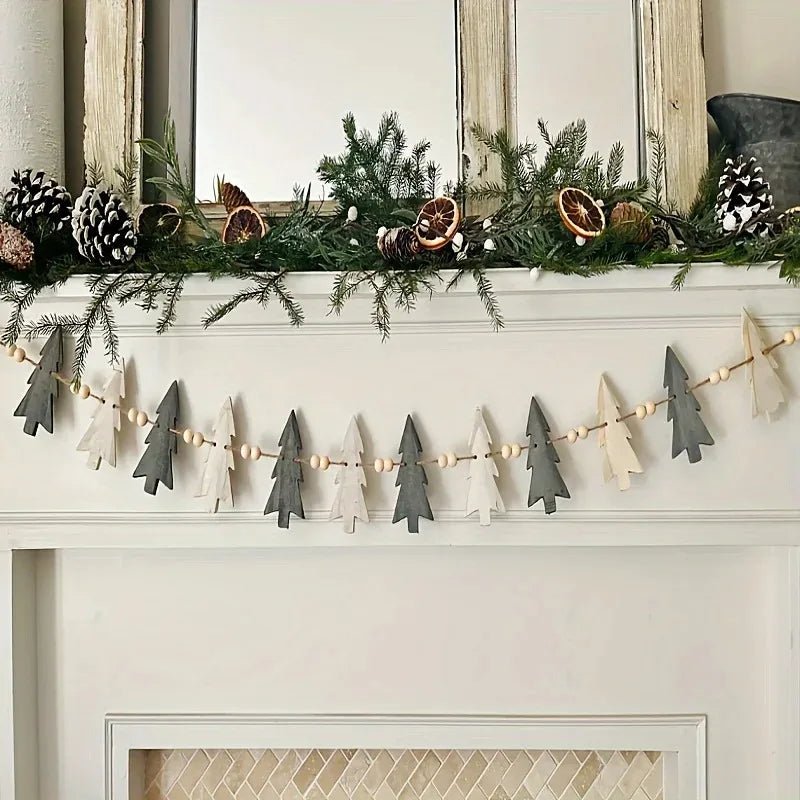 Guirlanda de Madeira de Natal com Árvores e Contas para Decoração de Lareira em Férias de Inverno - Kasa & Pet