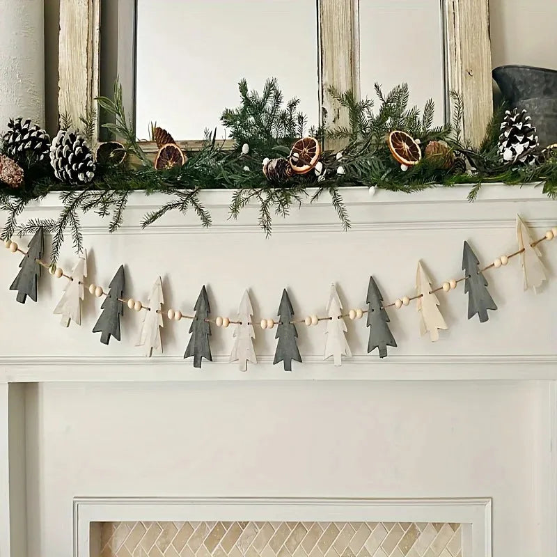 Guirlanda de Madeira de Natal com Árvores e Contas para Decoração de Lareira em Férias de Inverno