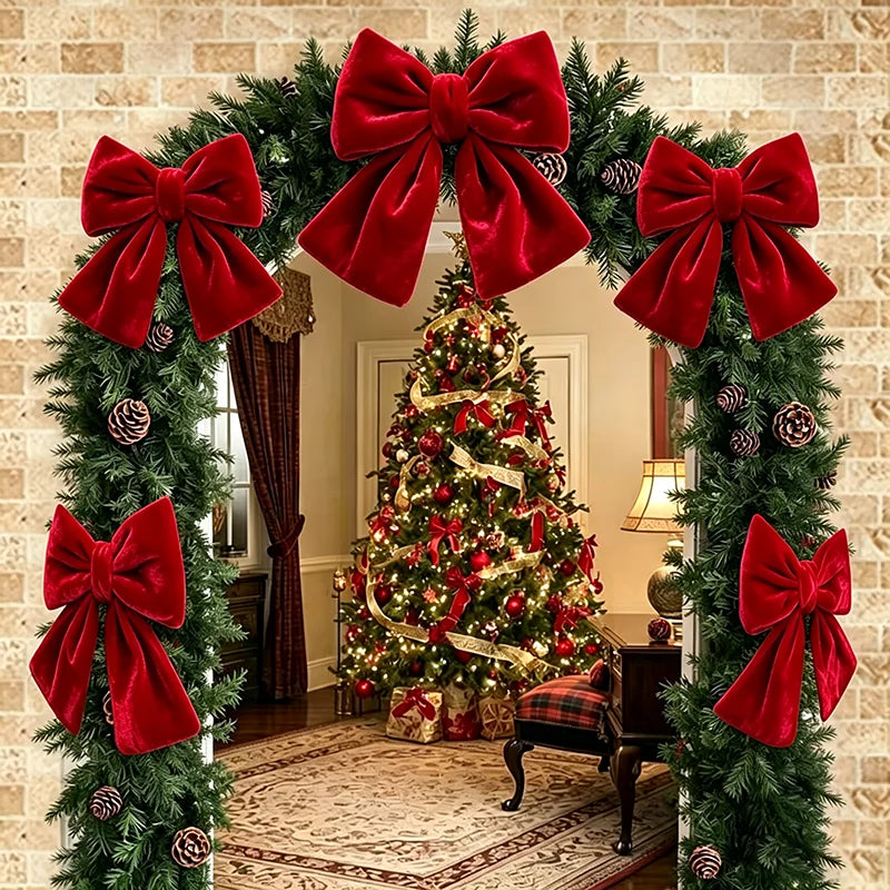 Decoração de laços de Natal, enfeites para árvores de Natal, laços de veludo vermelhos, enfeites pendentes para decoração de casa e festas de fim de ano.