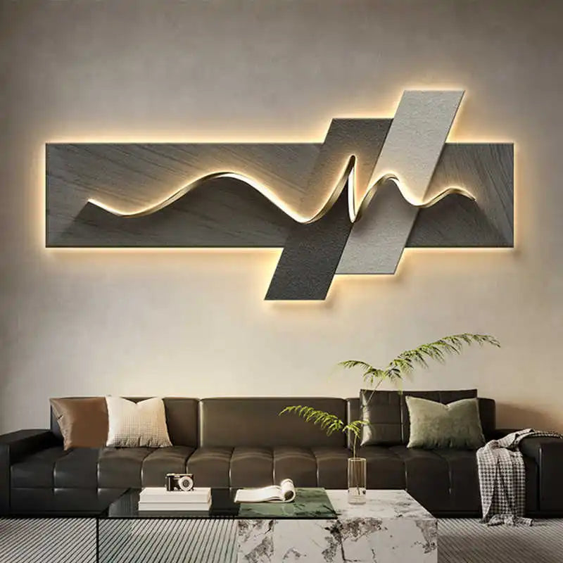 Pintura de decoração de sala de estar, pintura de luz ambiente LED, parede de fundo de sofá de luxo moderno, pintura suspensa minimalista