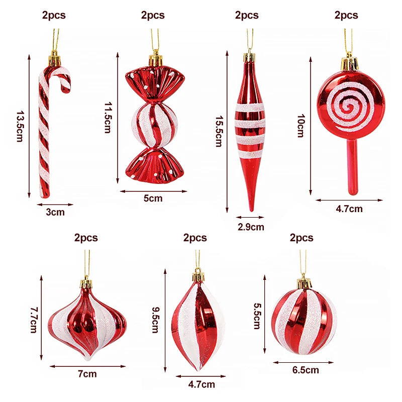 14 pçs/caixa natal doce cana bola vermelha ornamentos árvore de natal pendurado pingentes navidad ano novo decorações para casa 2024 presente natal
