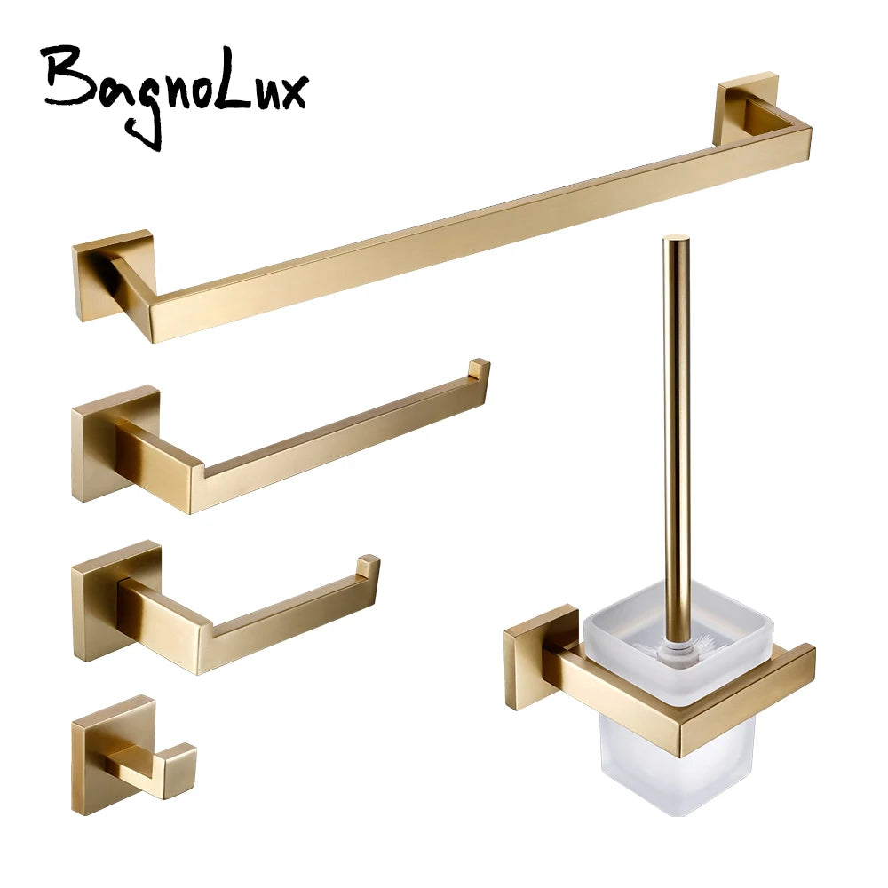 Conjunto de acessórios de banheiro dourado escovado, suporte de escova de vaso sanitário, suporte de papel higiênico, barra de toalha, cabide, gancho, saboneteira, hardware