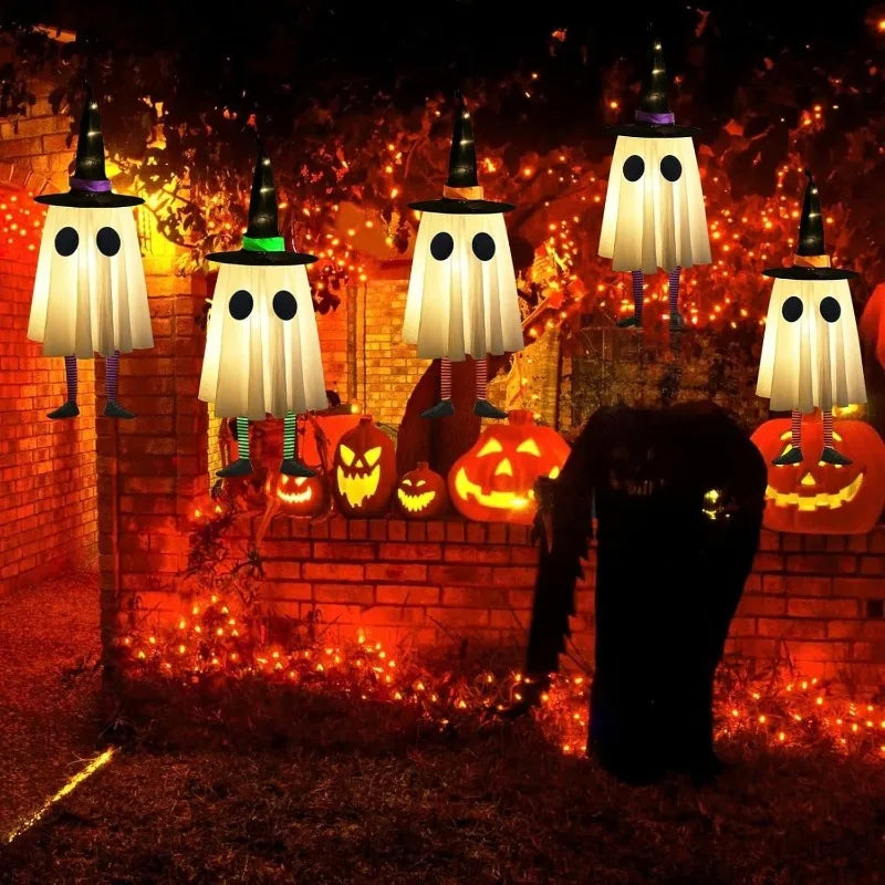 Decorações de Fantasmas Pendurados para Halloween, Luzes de Chapéu de Bruxa para Halloween ao Ar Livre, Fantasmas Brilhantes para Árvores de Jardim, Decoração de Halloween para Quintal