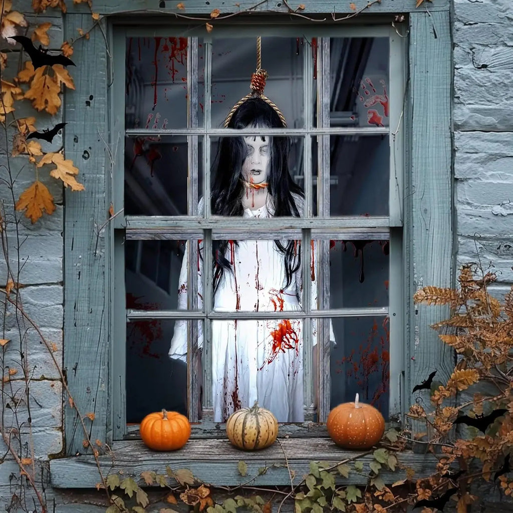 Decorações de capa de janela de Halloween – Tecido assustador, pôster de cortina de silhueta de porta assustadora para decoração de festa interna e externa