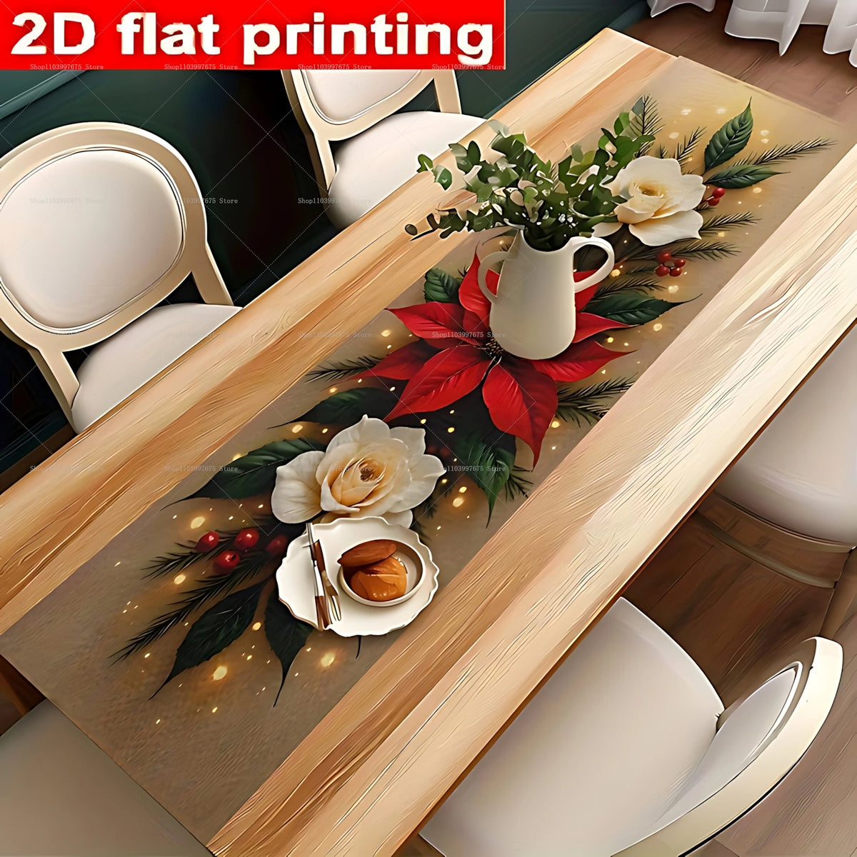 Decorações de Natal, toalha de mesa com estampa de poinsettias e pinhas, toalha de mesa de poliéster, decoração de mesa para festas de Natal e refeições de inverno.