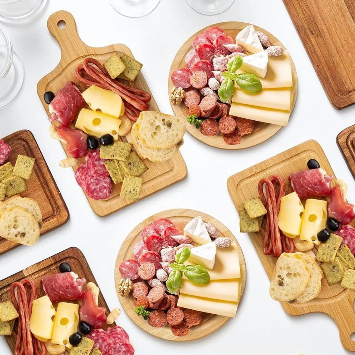 Conjunto de placa de charcutaria de bambu-bandeja de servir queijo de madeira com talheres para casamento natal festa de inauguração decoração de casa