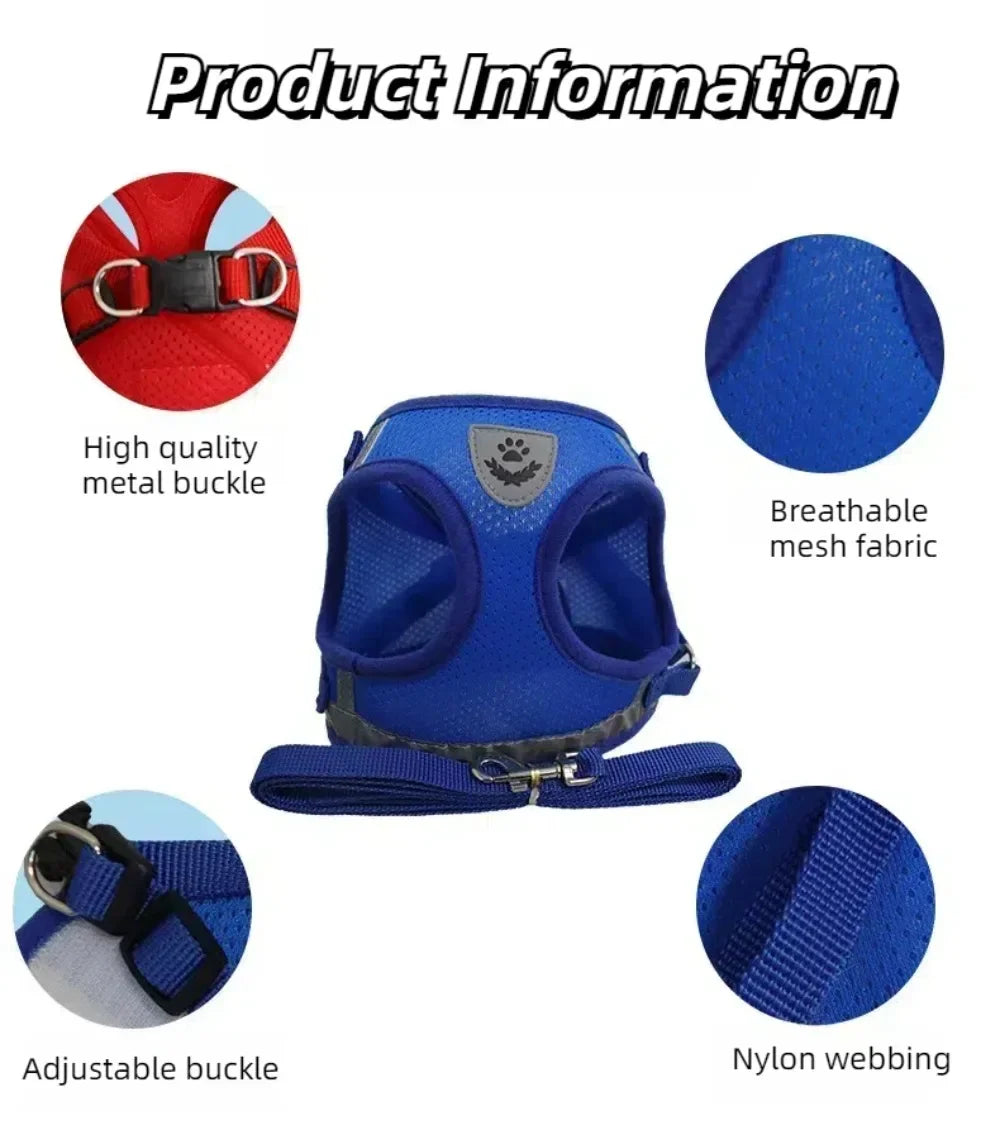 Conjunto de coleira de chumbo para gatos, ajustável, reflexivo, à prova de fuga, colete de malha para animais de estimação, coleira para cachorro, cachorro pequeno, gato, suprimentos para animais de estimação