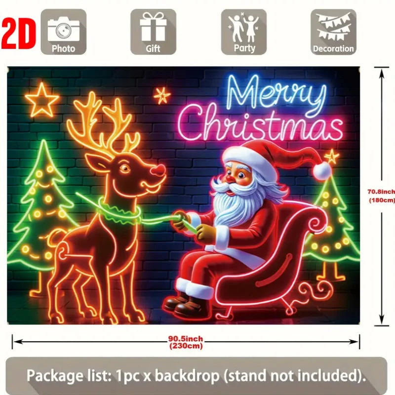 Cenário natalino em neon: Papai Noel e renas, ideal para festas de fim de ano e decorações natalinas para uso ao ar livre.