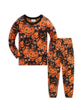 Pijamas de Halloween para crianças com estampa de abóbora 100% algodão conjunto de pijama macio meninos meninas 1-8 anos roupa de dormir de manga comprida