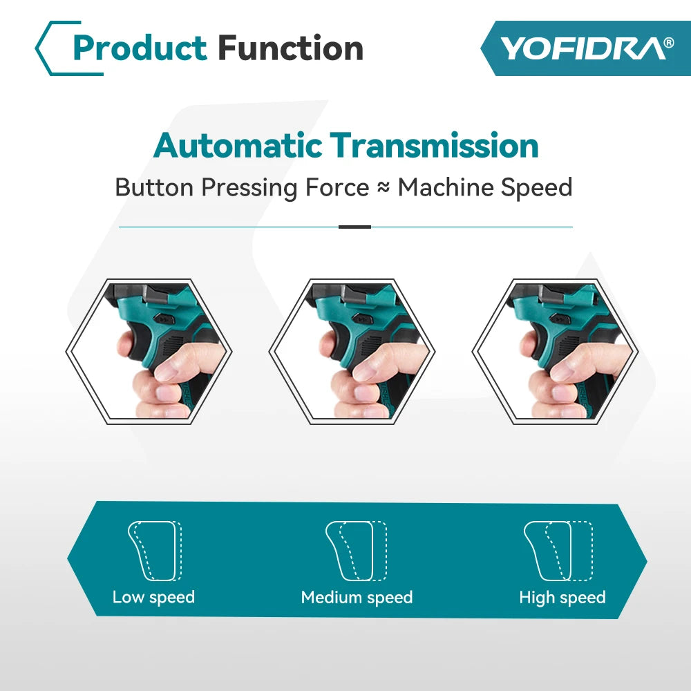Yofidar com chave de impacto elétrica sem escova, 1200n.m, 5 engrenagens, 1/2 '', chave de fenda, ferramenta elétrica de reparo de carro para makita, pino de bateria de 18v