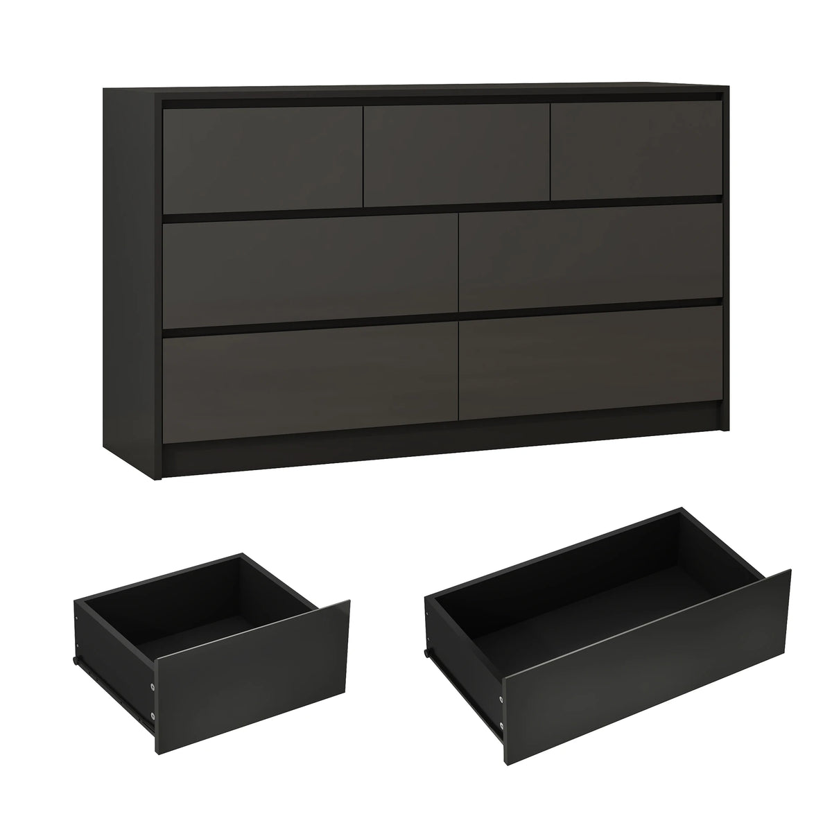 Armário de 7 gavetas com gavetas de alto brilho, grande peito de madeira, branco e preto, 55 "cômoda moderna para o quarto