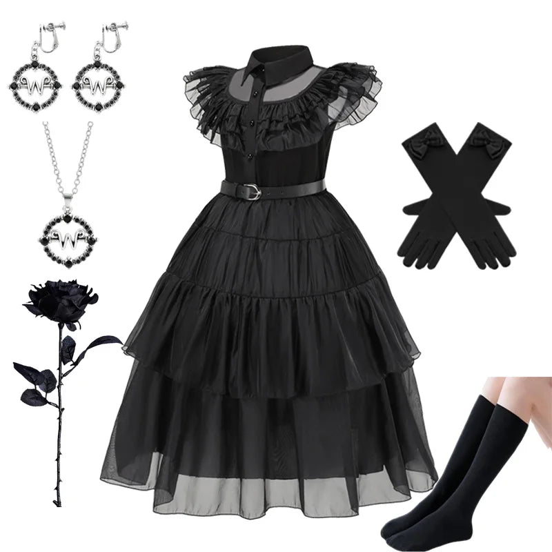 Fantasia Infantil Feminina Gótica Preta para Halloween, Carnaval e Cosplay de Personagem de Filme
