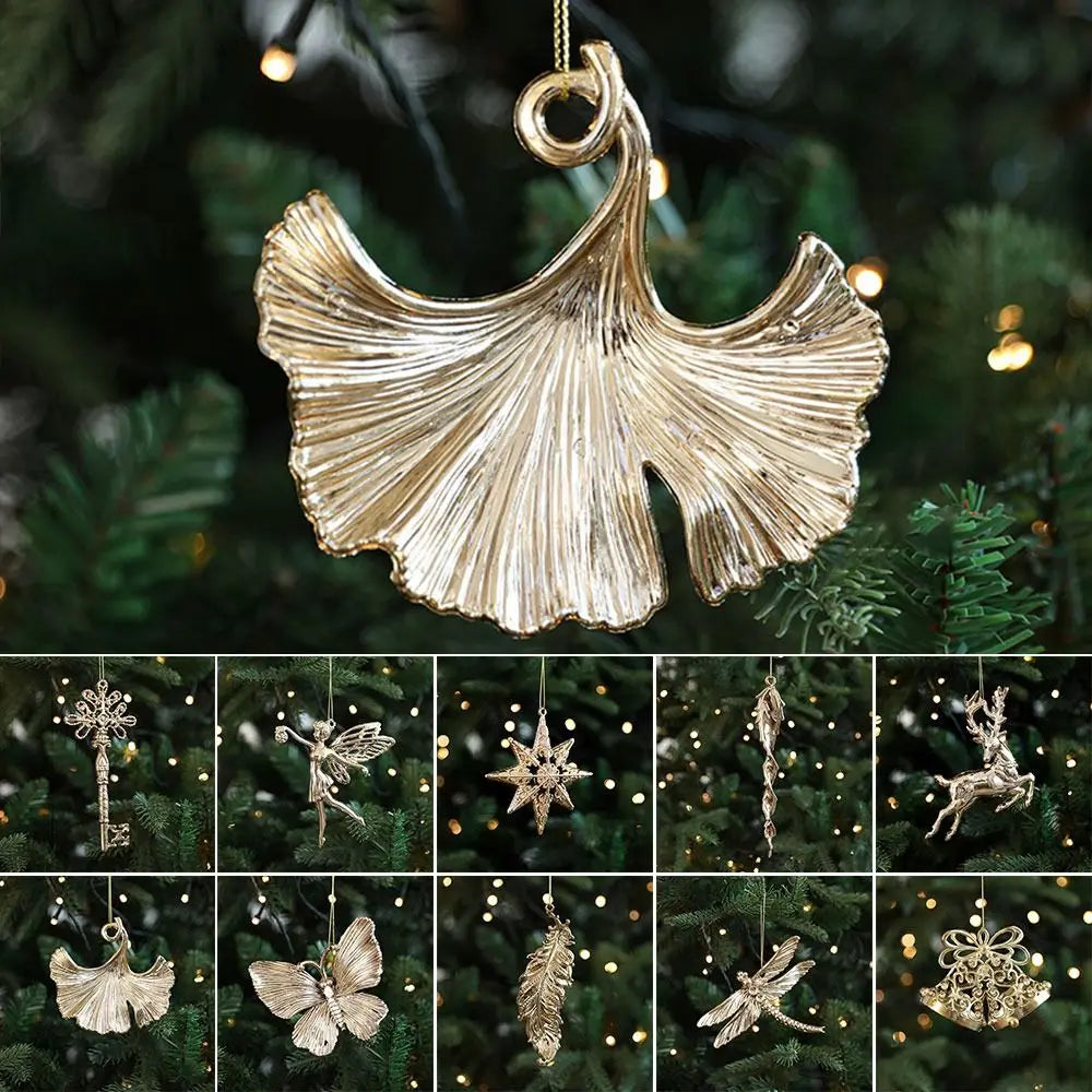 Ouro natal pendurado decoração de plástico borboleta libélula árvore de natal ornamento anjo floco de neve vitrine enfeites de natal