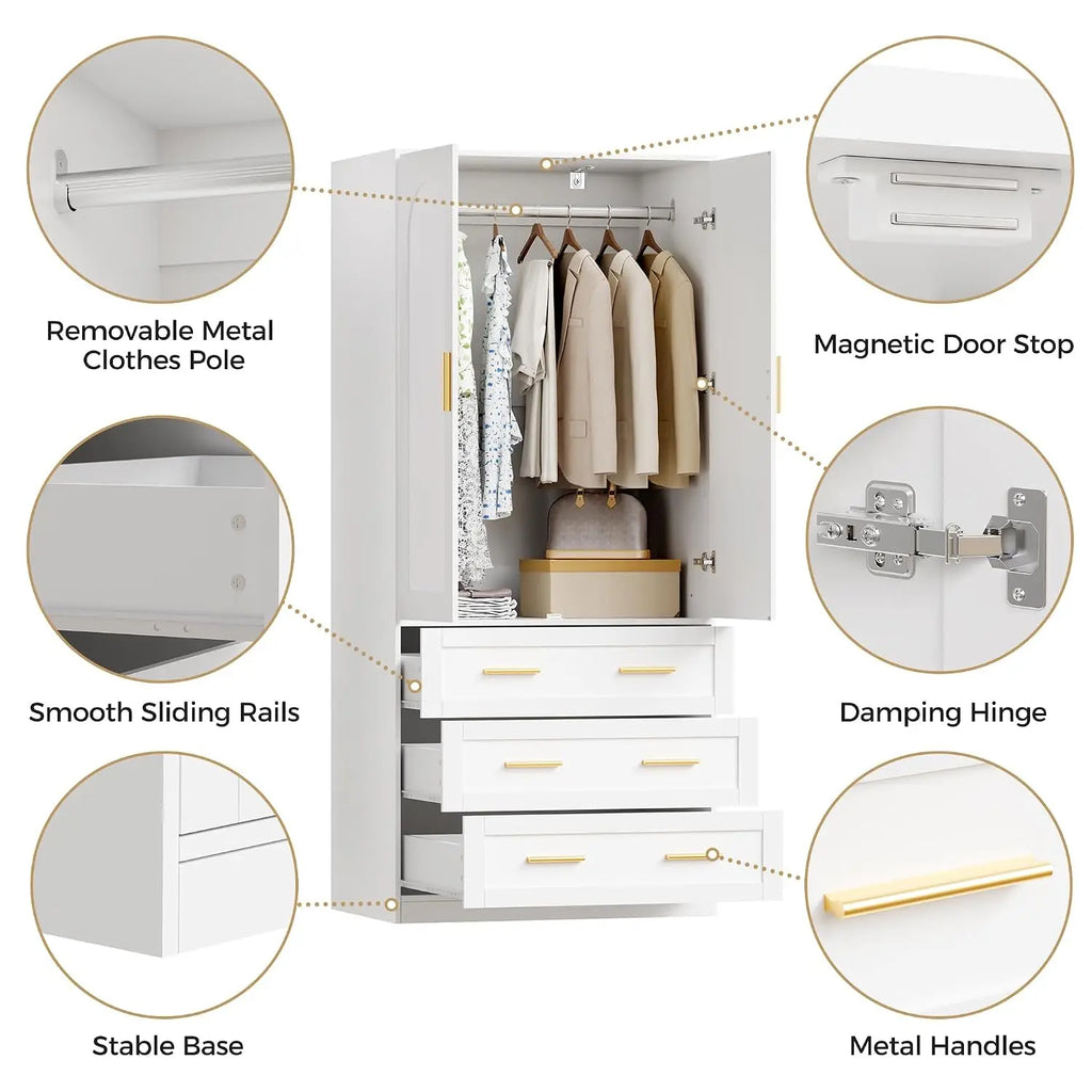 Guarda-roupa de madeira com 3 gavetas e varão para pendurar, 2 portas, armário independente para roupas no quarto, 71", personalizável